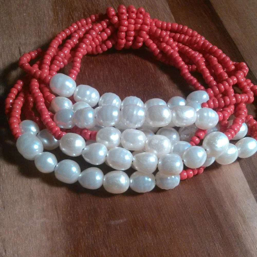 Red Seed Bead and Faux Pearl Multi-Strand Stretch Bracelet